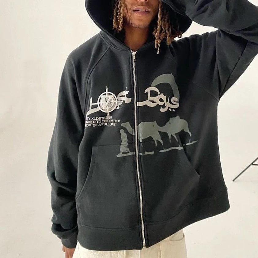 Lost Days Black Graphic Zip-Up