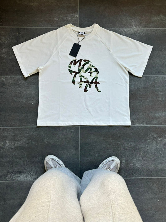 Mertra White & Camo Cropped Graphic Tee